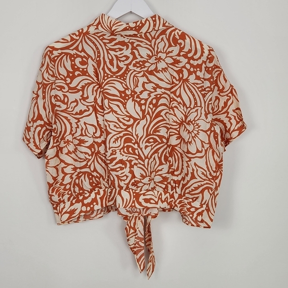 NWT Joie Orange White Floral Short Tie Waist Blouse Size L - Picture 9 of 9